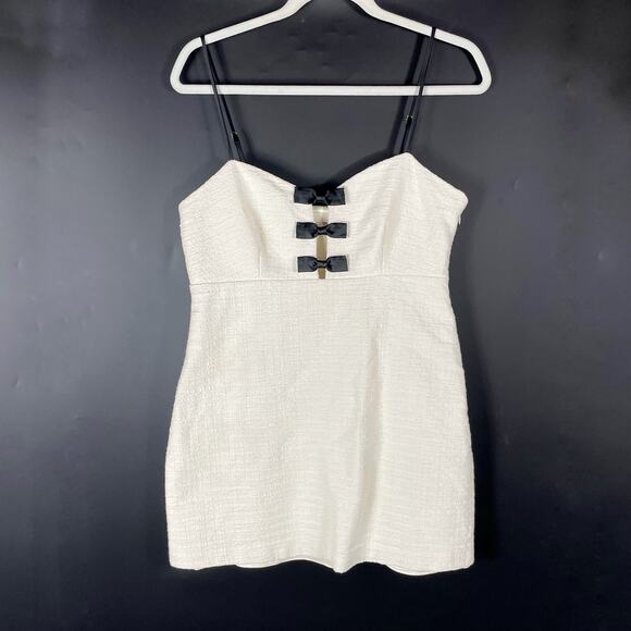 LoveShackFancy Adelaide Tweed Bow Mini Dress Ivory Black Sleeveless Sz 10 - Picture 9 of 16